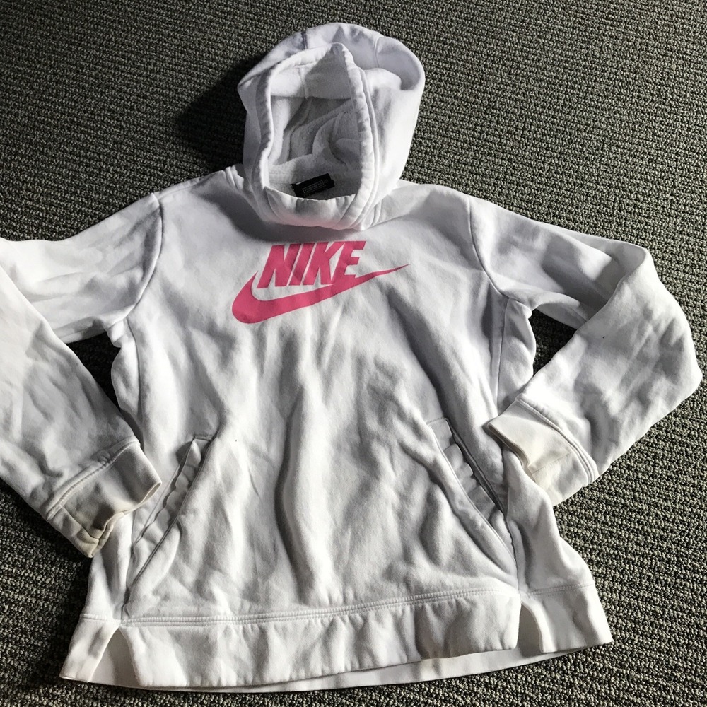 Nike Youth Large White Hoodie Pink Logo Pullover Fleece Sweatshirt Kids L